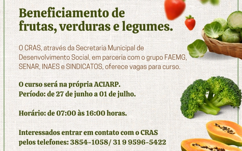 Curso de Beneficiamento de frutas, verduras e legumes.