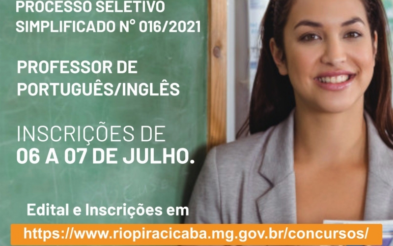Processo Seletivo Simplificado nº 016/2021 - Professor de Português/Inglês