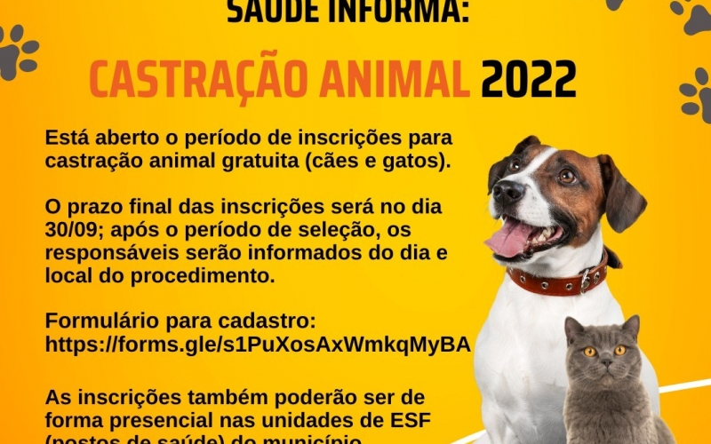 Pré cadastro para Castração animal gratuita 2022.