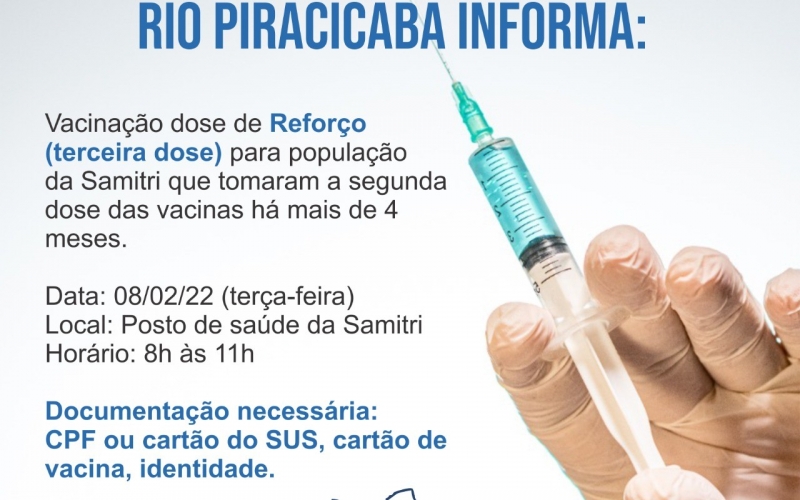 Secretaria de Saúde informa: Vacinação dose de Reforço (terceira dose)