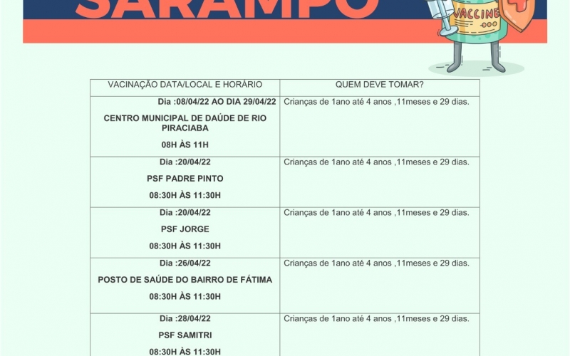 Cronograma Vacinação Infantil contra Sarampo.