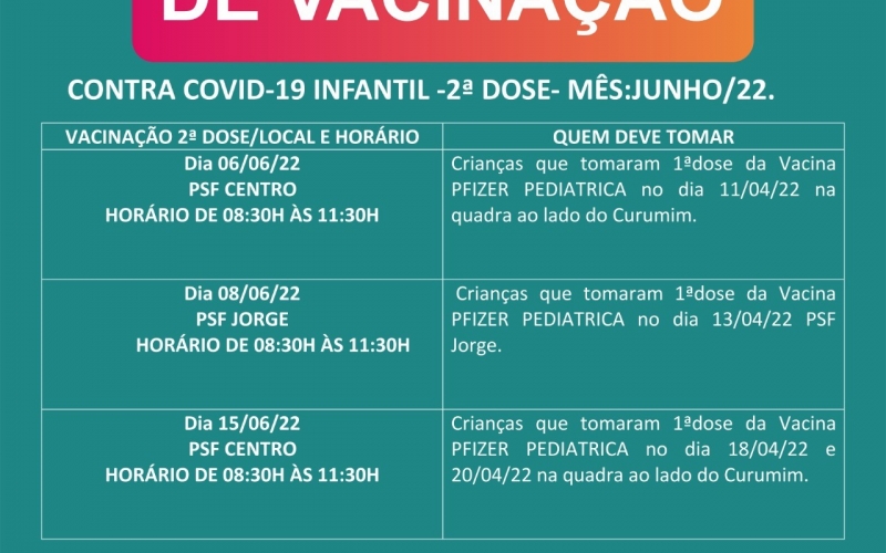 Cronograma vacinação contra COVID-19 infantil - 2ª dose.