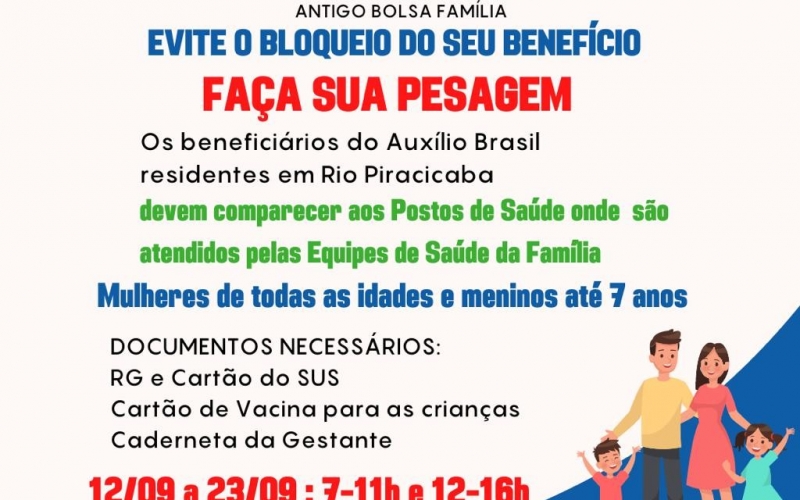 Atenção beneficiários do Auxílio Brasil (Bolsa Família). Faça sua pesagem!! 